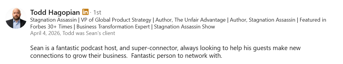 LinkedIn recommendation from Todd Hagopian, VP of Global Product Strategy